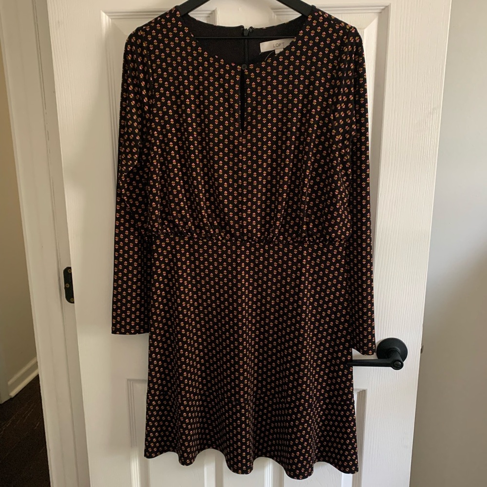 LOFT Black and Orange Geometric Long Sleeve Dress